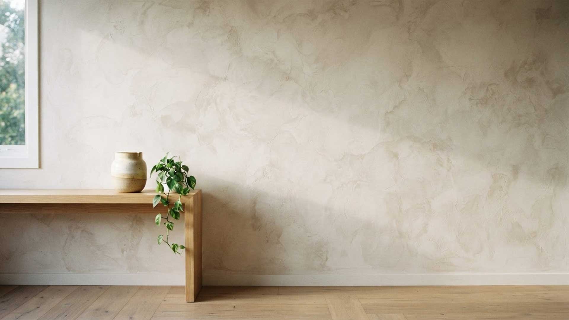 Hand troweled Roman Clay accent wall in warm off white, lit by daylight from the side